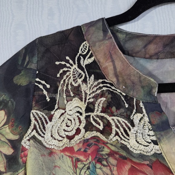 Womens XS S Blouse Semi Sheer Tunic Embroidered Boho Artsy Abstract Watercolor - Picture 3 of 7